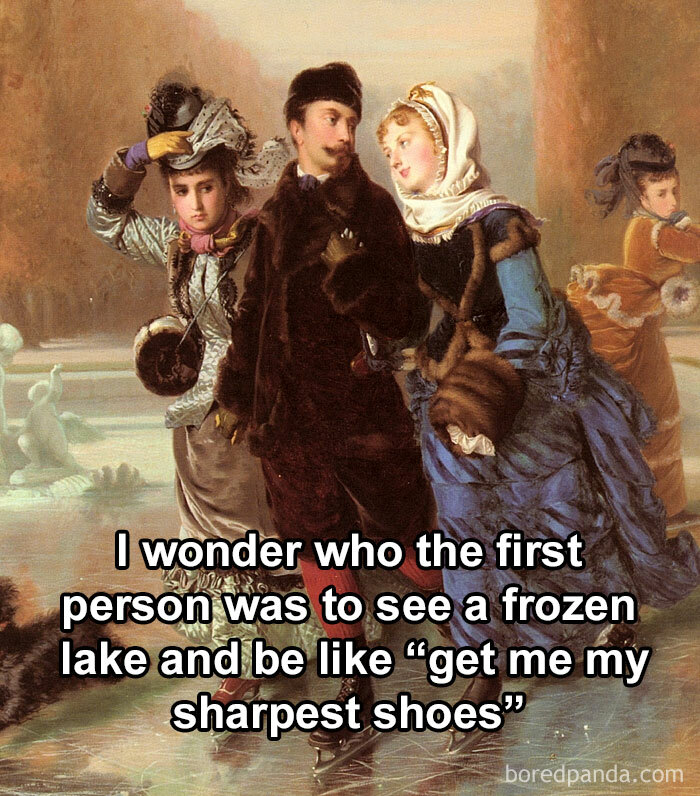 Classical art painting with humorous text about ice skating on a frozen lake.