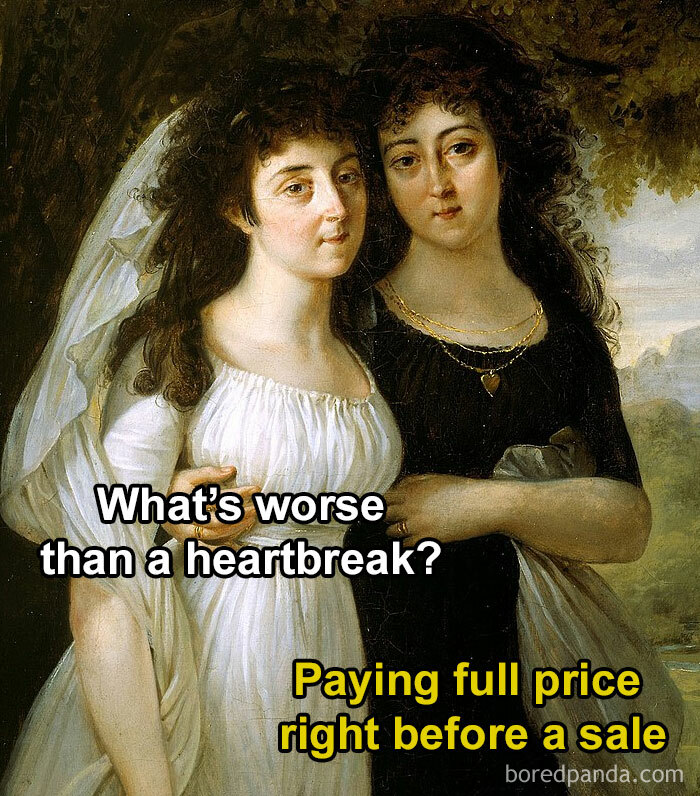 Classical art meme featuring two women with humorous text about paying full price before a sale.