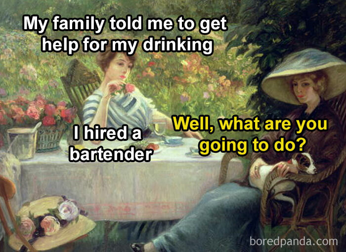 Classical art meme with two women seated outdoors, humorously discussing hiring a bartender for drinking help.