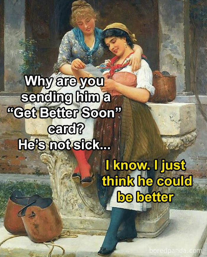 Two women in a classical painting style humorously discussing a "Get Better Soon" card, combining art with relatable humor.