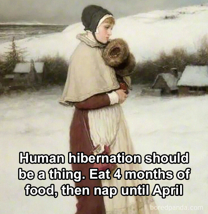 Classical art meme featuring a woman in a winter landscape with humorous text about human hibernation.