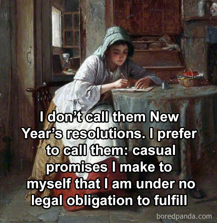 Classical art meme with a woman writing, humorously redefining New Year's resolutions as casual promises.