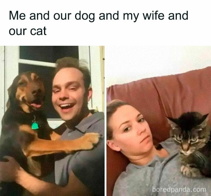 Man happily hugged by a dog and woman with a cat on her chest, depicting a funny dog meme.