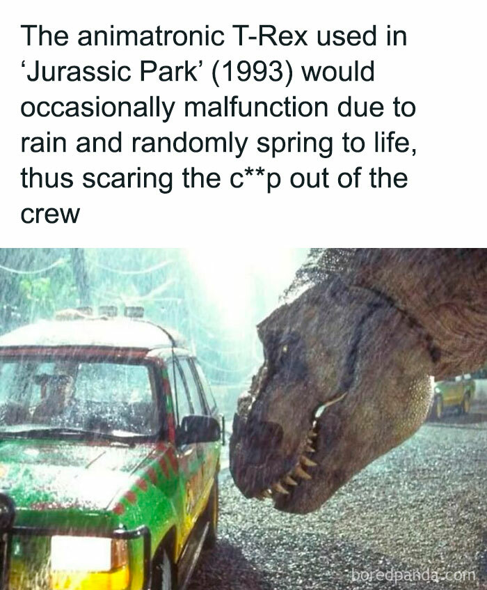 Animatronic T-Rex from Jurassic Park malfunctions in rain, creating a funny dinosaur meme moment for the crew.