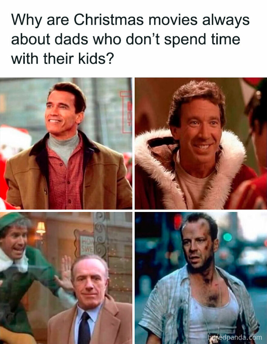 Collage of hilarious Christmas movie scenes featuring dads in various situations, highlighting humorous holiday tropes.