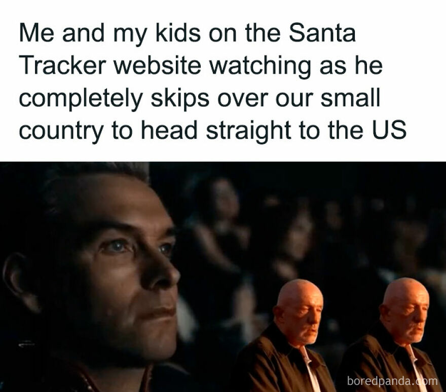 Funny Christmas meme of characters looking surprised as Santa skips their country, heading to the US.