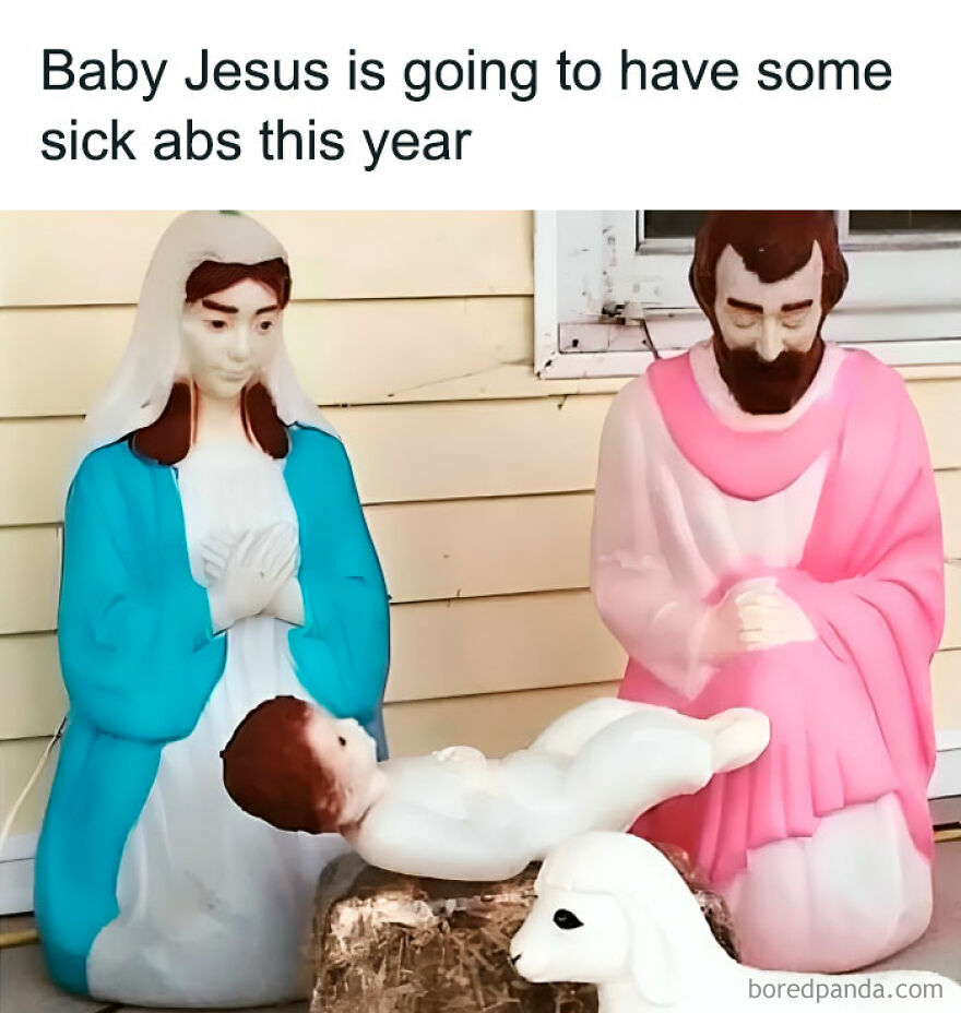 Nativity scene with Baby Jesus doing sit-ups; a funny Christmas meme.