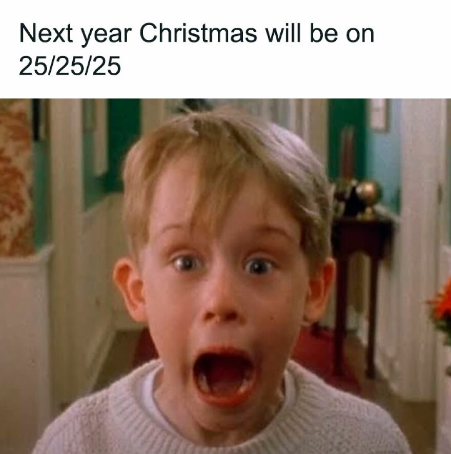 Child with surprised expression, funny hilarious Christmas meme text about future Christmas date.