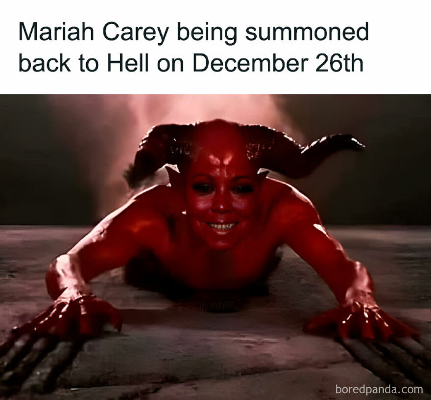 Funny Christmas meme featuring a holiday-themed devil character crawling on the ground.