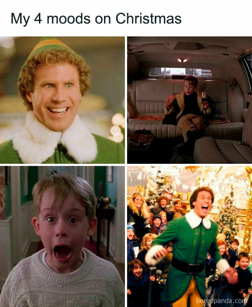 Four funny, hilarious Christmas meme moods depicted in festive film scenes.