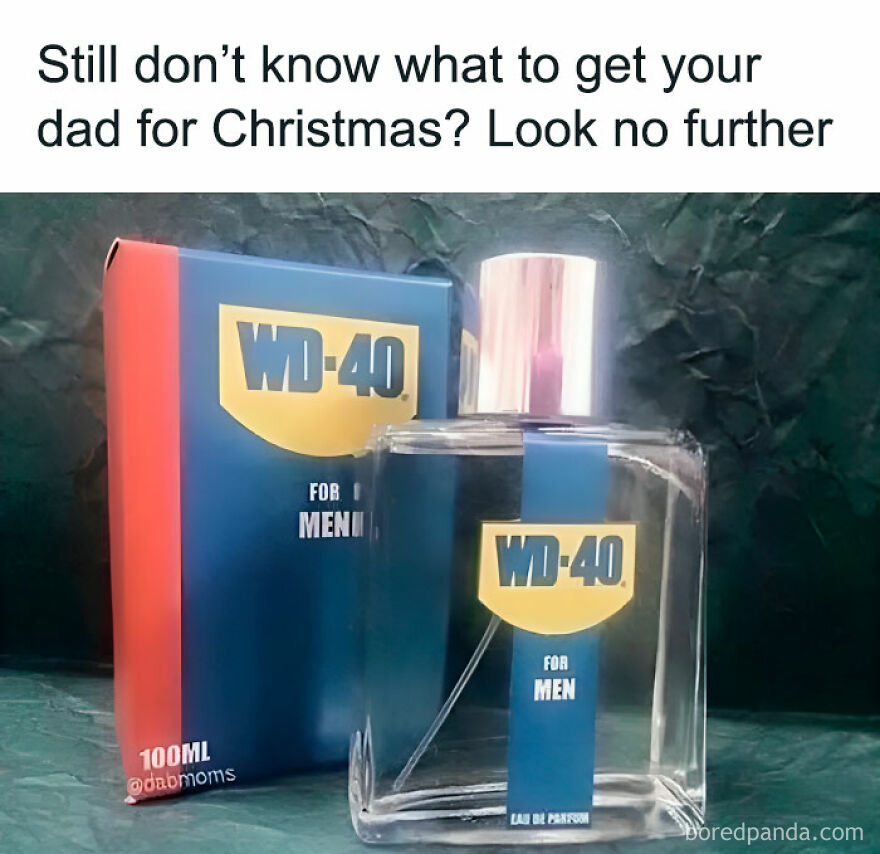 Funny Christmas meme featuring a parody WD-40 cologne for men with packaging.