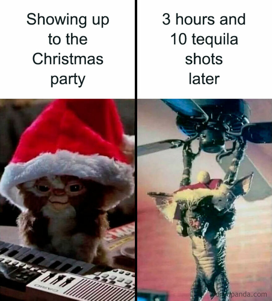 Funny Christmas meme with a cute creature in a Santa hat before and after a party, hanging from a ceiling fan.