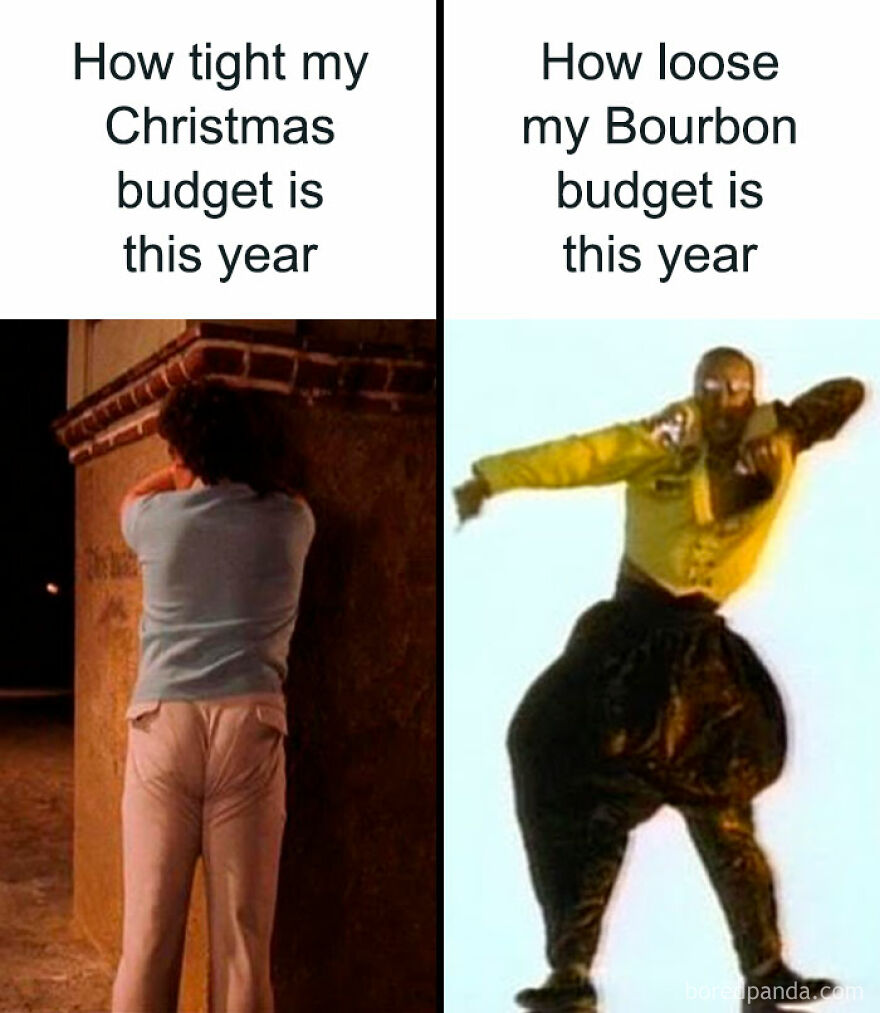 Christmas meme showing tight budget comparison to loose bourbon spending.