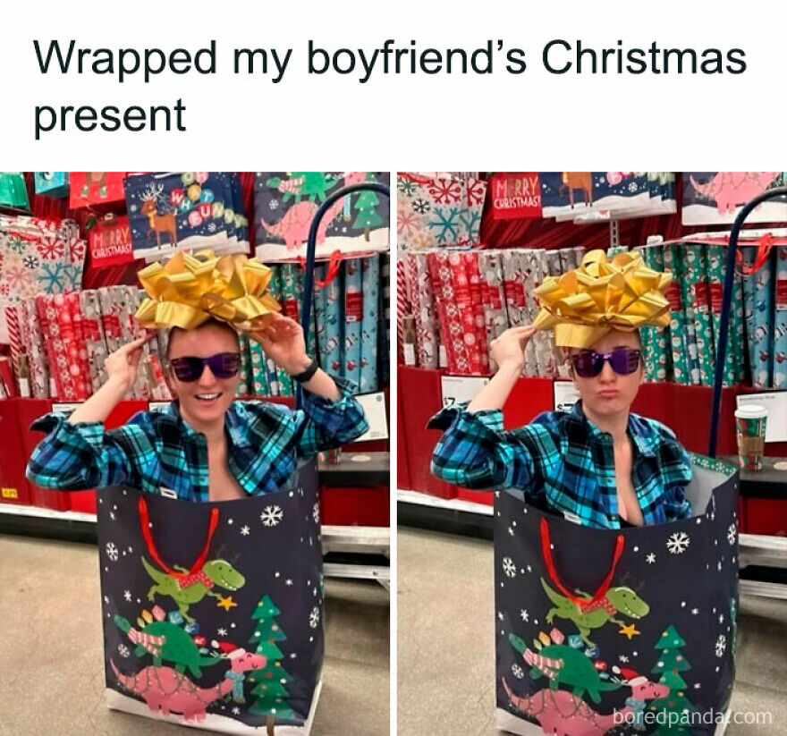 Woman in plaid shirt sitting in a gift bag with a large bow on her head, making a funny Christmas meme scene.