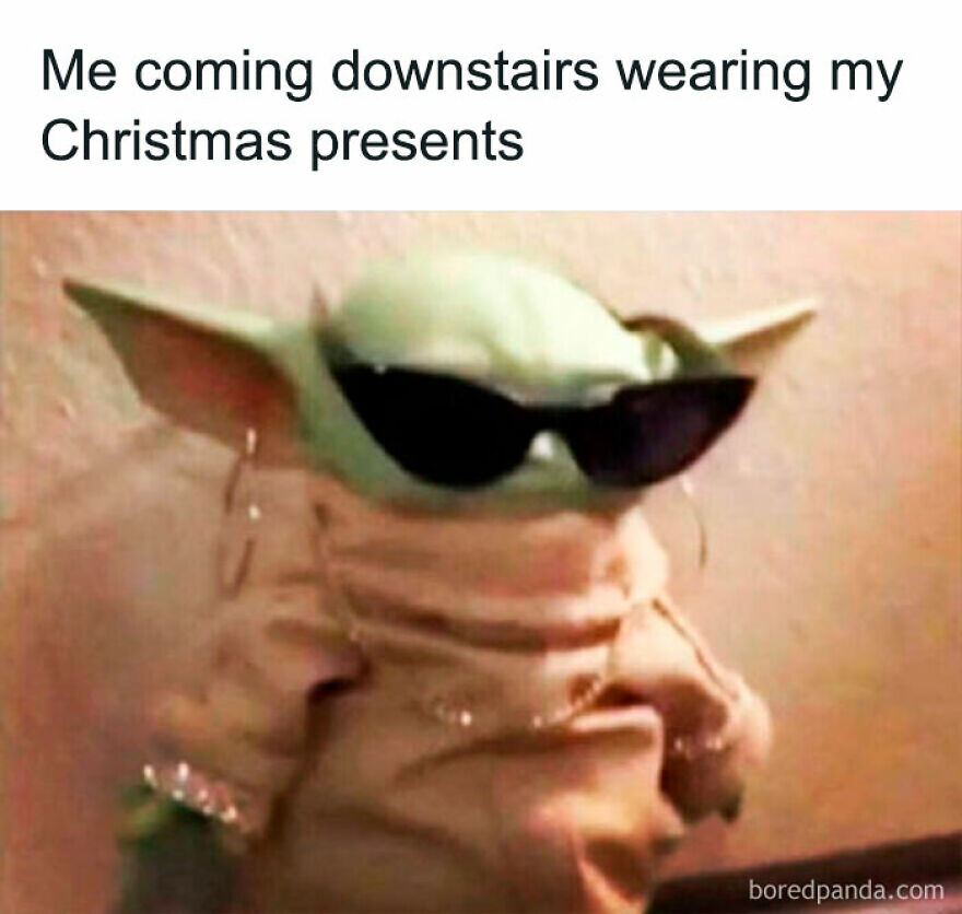 Hilarious Christmas meme showing a small green figure wearing sunglasses and jewelry, captioned with holiday humor.