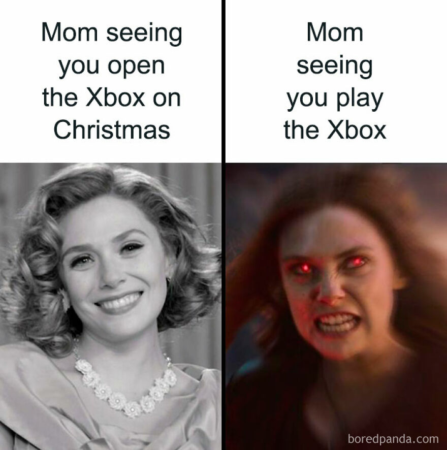 Mom's reactions; happy opening Xbox, angry playing Xbox. Funny Christmas meme contrasts expressions.