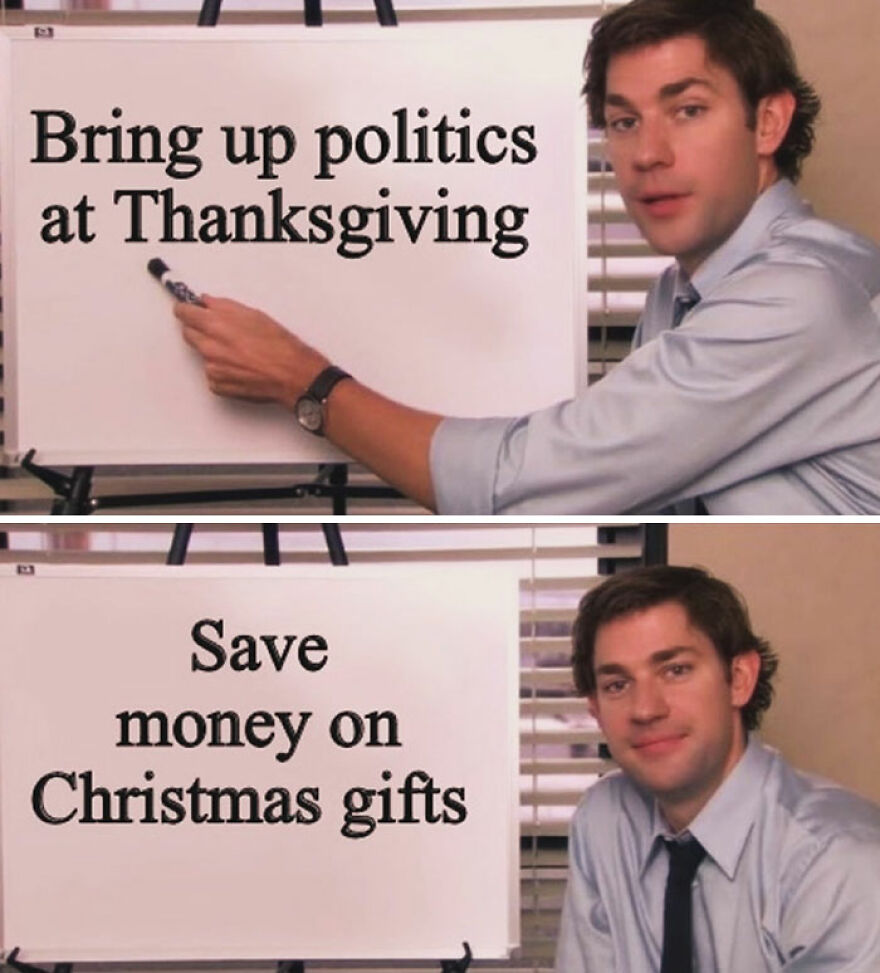 Man presenting a two-panel meme about bringing up politics at Thanksgiving to handle Christmas gifts; funny Christmas meme.