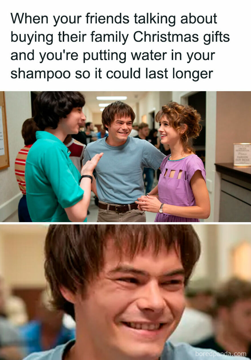 Funny Christmas meme with friends discussing gifts; a guy awkwardly smiles, thinking about watering down shampoo to save money.