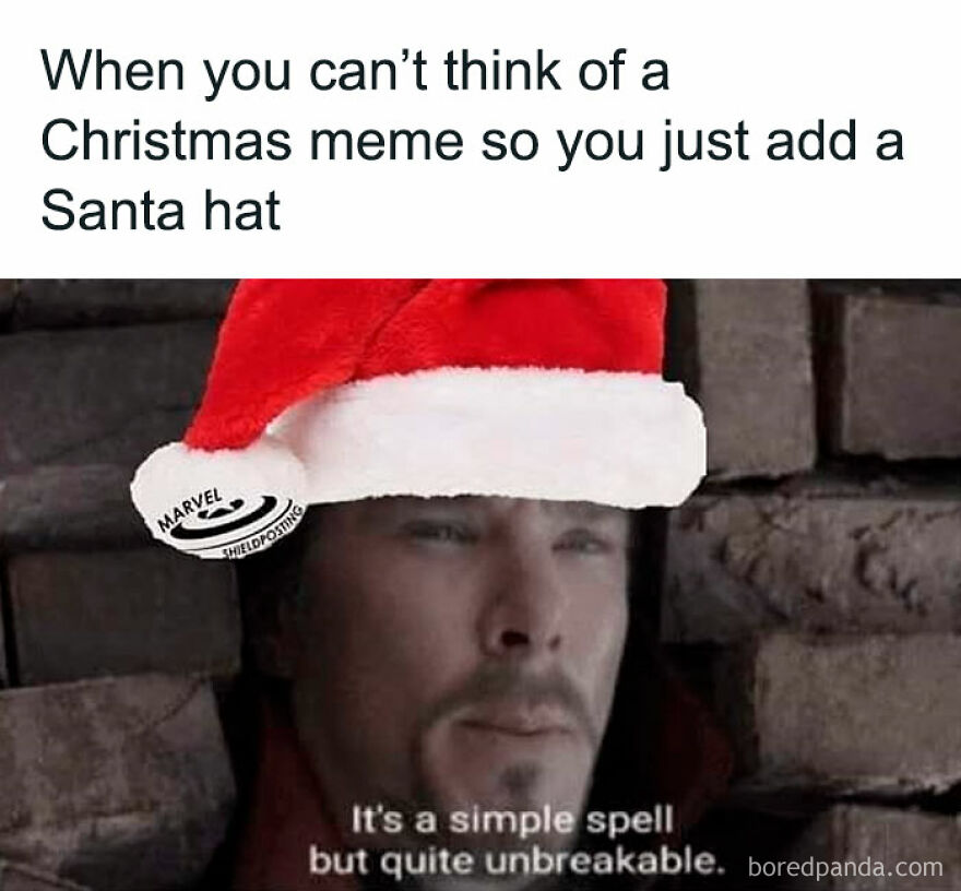 Funny Christmas meme with a character wearing a Santa hat, captioned about creating holiday memes.