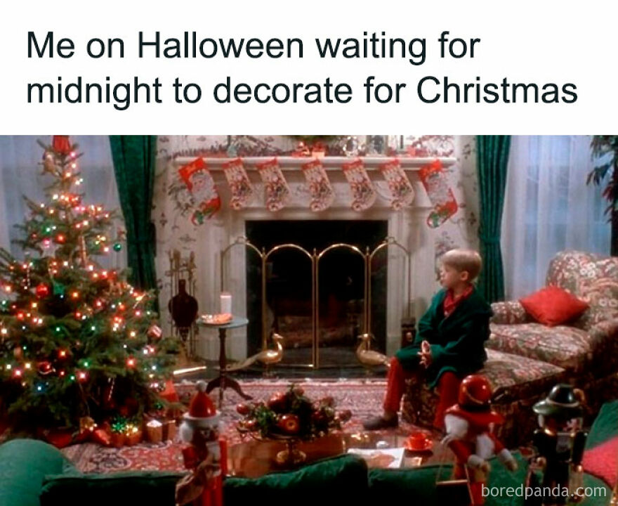 Child eagerly awaiting Christmas decorations in a holiday-themed living room, capturing a funny moment.