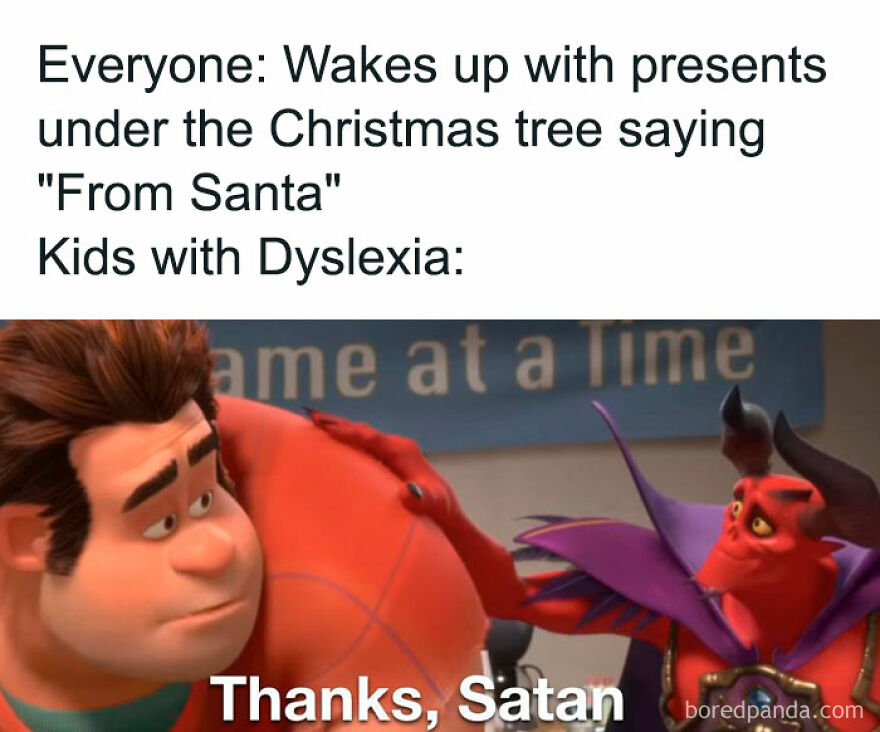 Funny Christmas meme with a character mistaking "Santa" for "Satan," highlighting a humorous dyslexia moment.