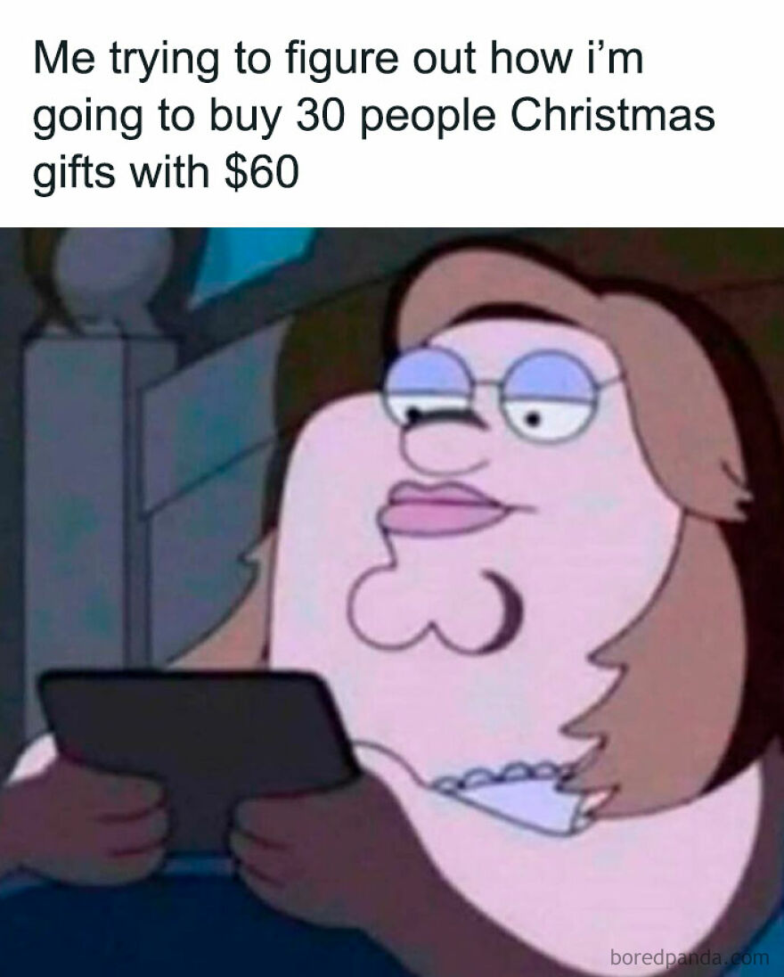 Funny Christmas meme depicting a character with a comical expression contemplating holiday budgeting.