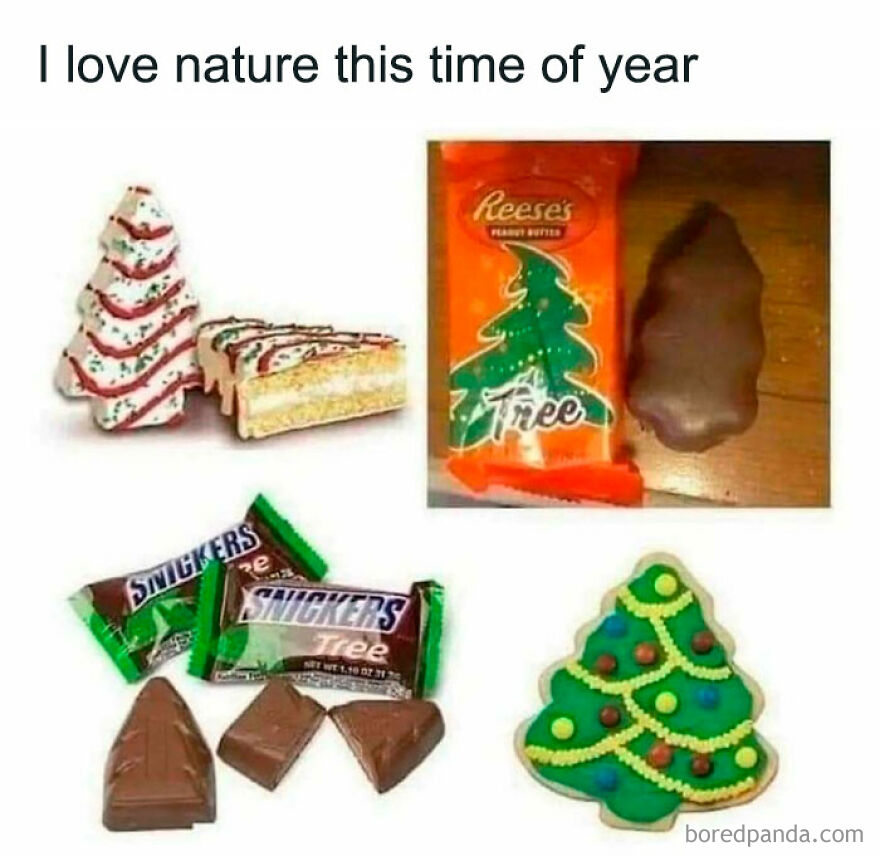 Christmas tree-shaped treats with funny attempts at resembling nature, creating a hilarious holiday meme.