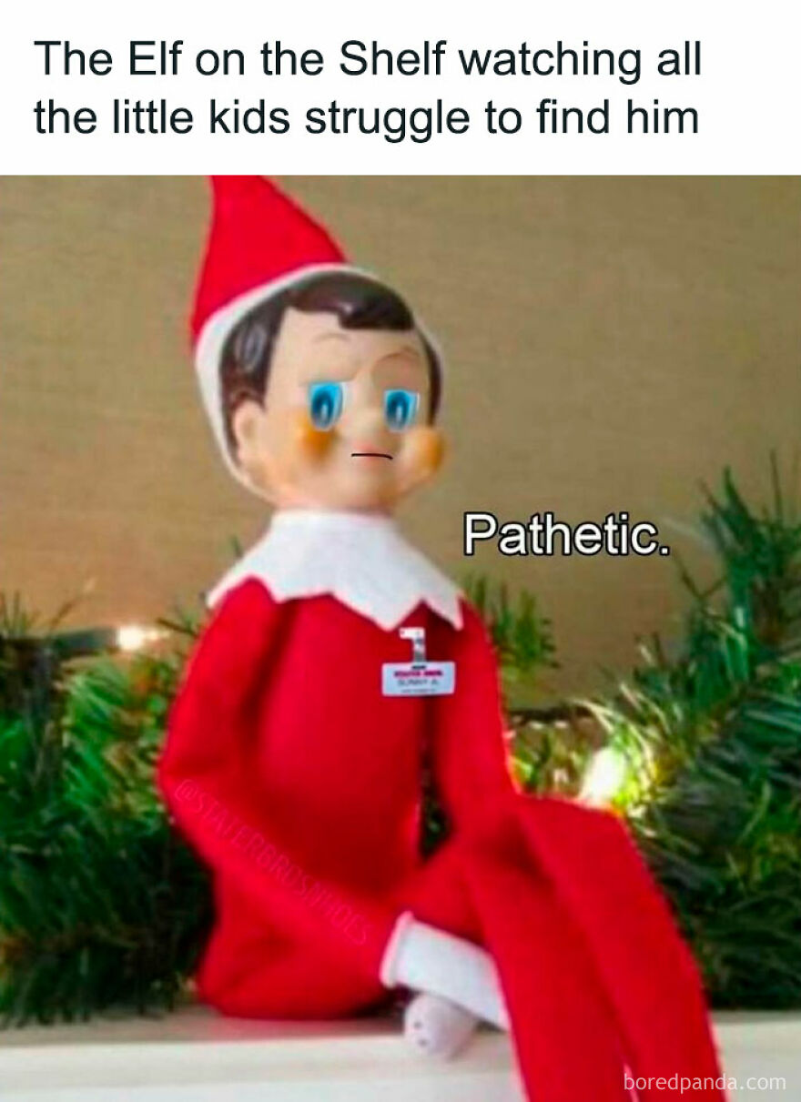 Elf on the Shelf with the caption "Pathetic," showcasing a funny Christmas meme.