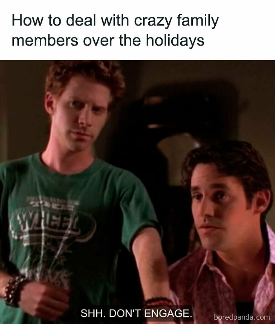 Two men in a scene with captions, depicting a funny Christmas meme about handling family during holidays.