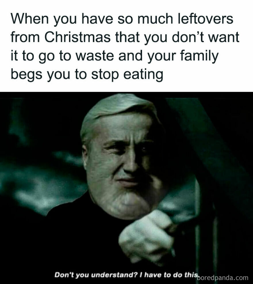 Funny Christmas meme about holiday leftovers with a determined face refusing to stop eating.