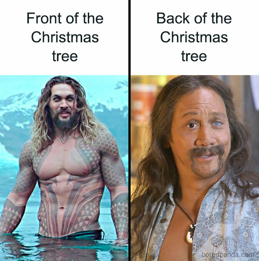 Funny comparison of two men as the front and back of a Christmas tree.