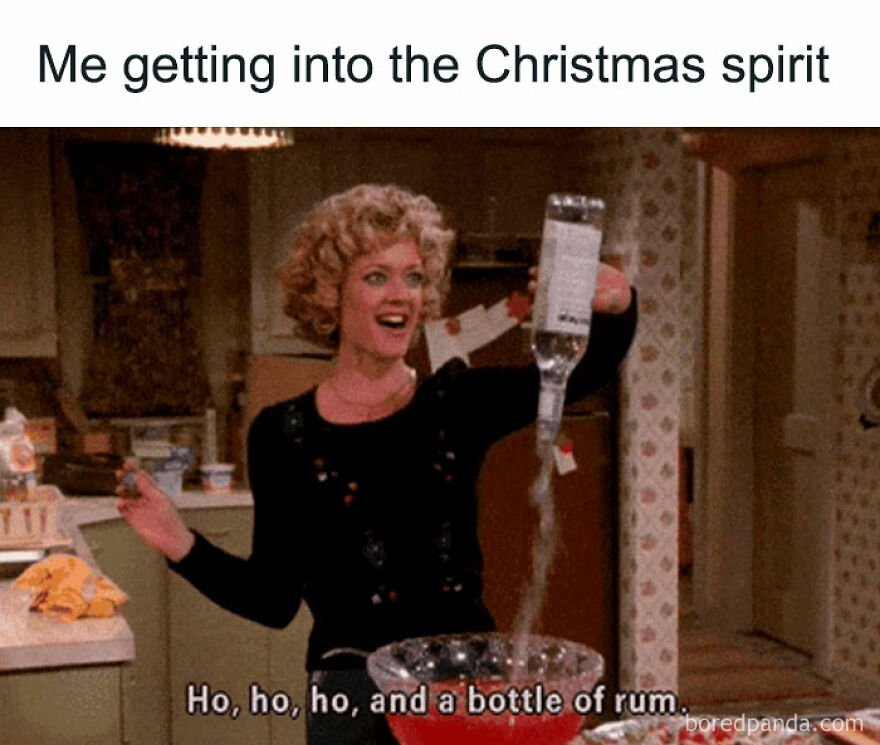 Woman pouring vodka into a punch bowl with a funny Christmas meme caption: "Ho, ho, ho, and a bottle of rum."