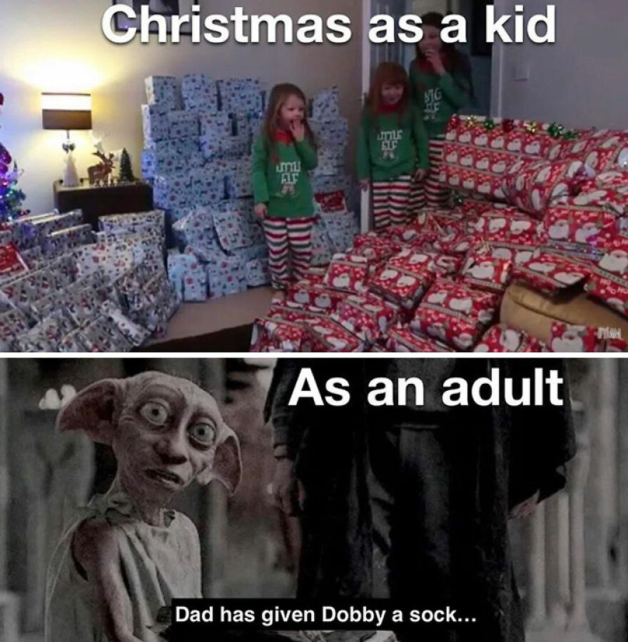 Kids with many Christmas gifts; below, a character receives a sock, contrasting funny Christmas memes.