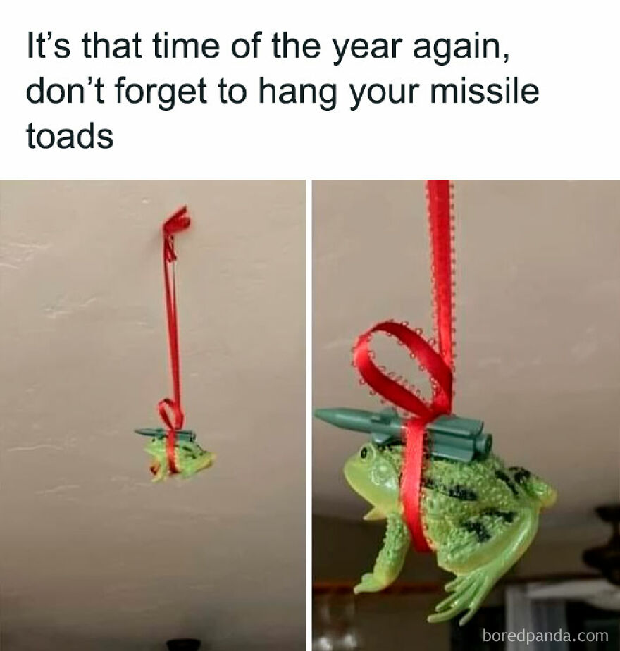 Funny Christmas meme with a plastic frog, humorously called a "missile toad," hanging from the ceiling by a red ribbon.