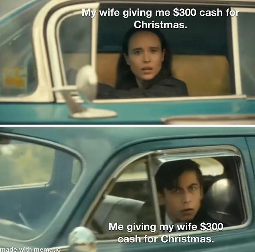 A funny Christmas meme featuring a couple exchanging $300 cash in a car.