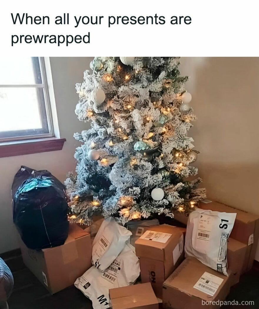 Funny Christmas meme showing a decorated tree with packaged presents underneath labeled as "prewrapped."