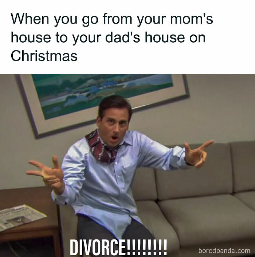 Man humorously gesturing on a couch with text about visiting mom and dad's houses on Christmas. Funny Christmas memes topic.