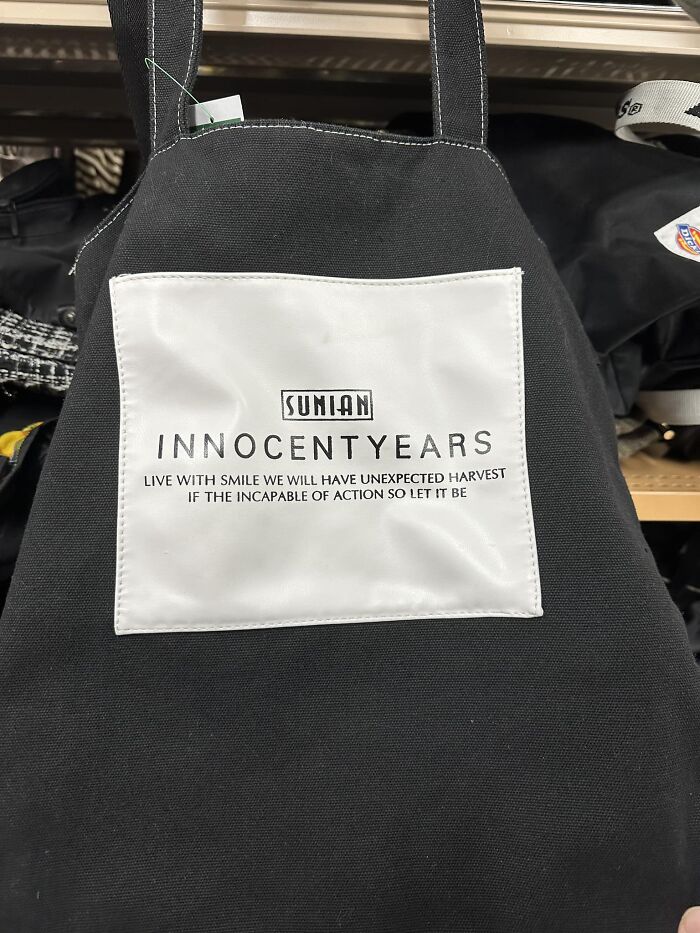 Bag with humorous mistranslated English text in Japan, titled "INNOCENTYEARS."