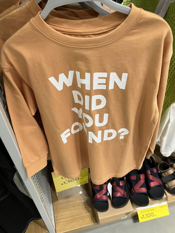 T-shirt with the phrase “When did you found?” highlighting translation errors in Japan.