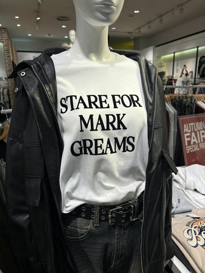 Mannequin in Japan wearing a shirt with humorous mistranslated text.