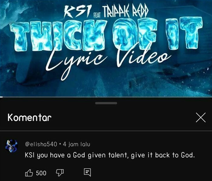 Lyric video cover of "Thick Of It" with a funny roast comment below.