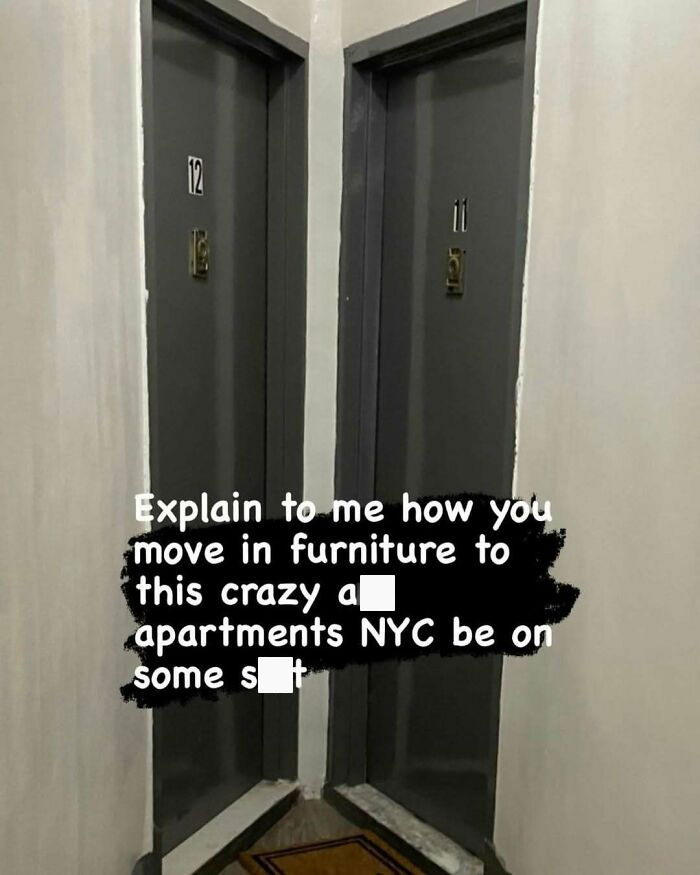 Two adjacent New York apartment doors labeled 11 and 12 with humorous text overlay questioning furniture moving.