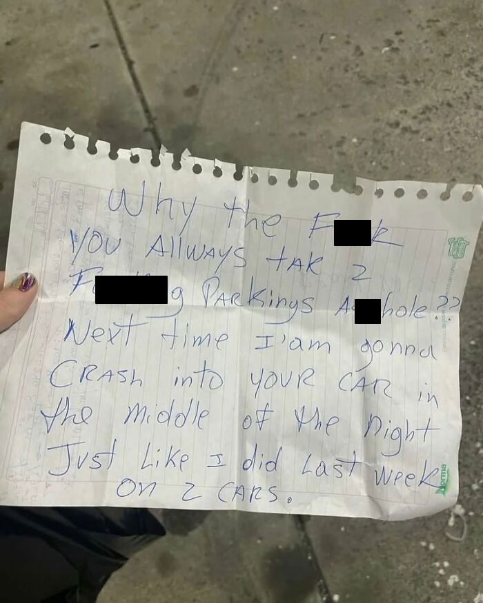 Handwritten note expressing frustration over parking in New York.