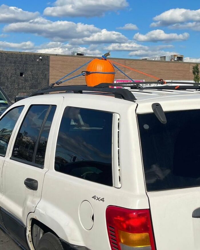 Pumpkin strapped to the roof of a white SUV in New York, creating a humorous scene against a bright, cloudy sky.