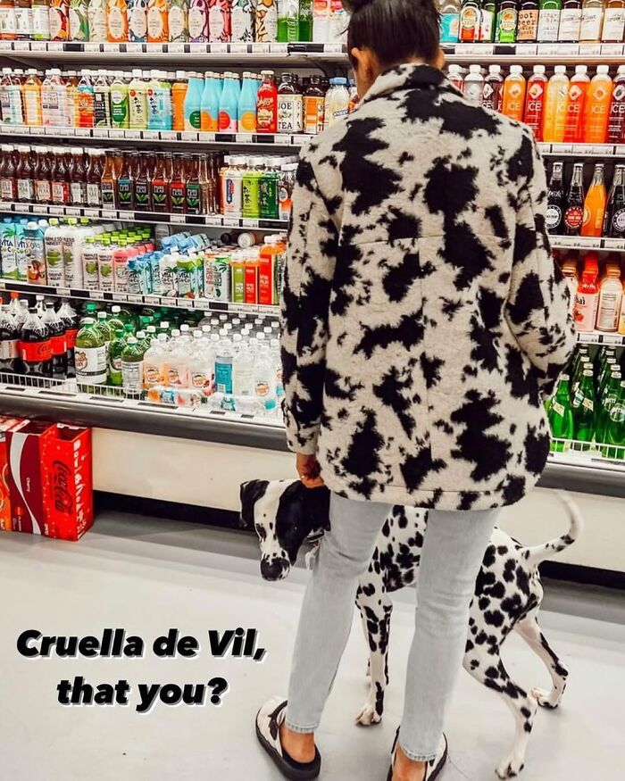 Person in a Dalmatian coat with a Dalmatian dog in a New York store, creating a funny scene.