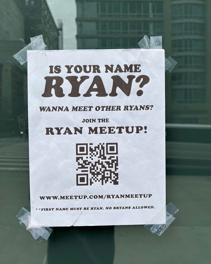 Poster in New York inviting people named Ryan to a meetup, featuring a QR code for details.