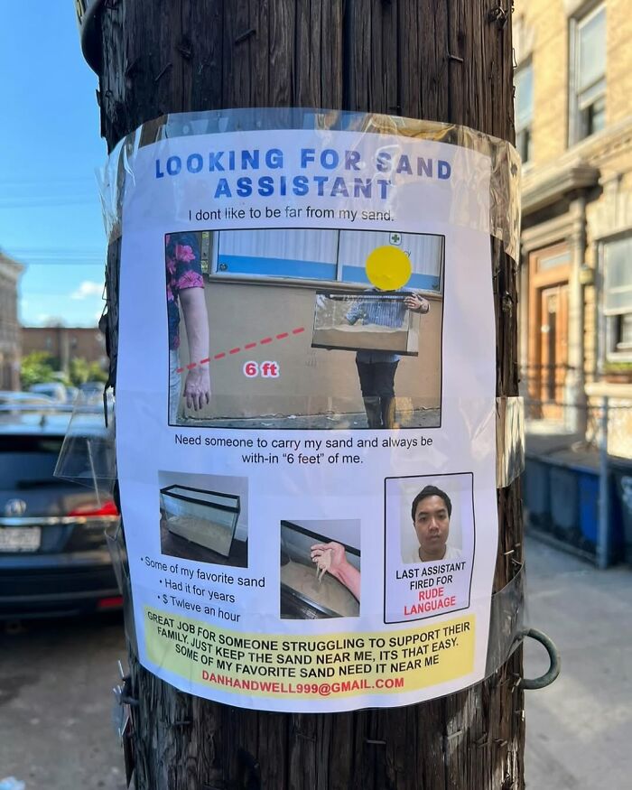 Funny New York poster seeking a "sand assistant" to carry sand within 6 feet, offering $12 an hour and emphasizing sand's importance.