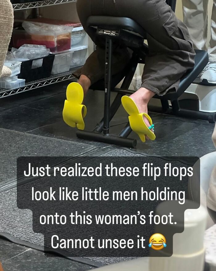 Yellow flip flops in New York salon resembling small figures holding onto feet, with humorous text overlay.