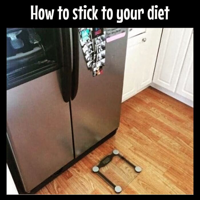 Frustrations of dieting depicted with a scale blocking a fridge, humorously showing the struggle of sticking to a diet.