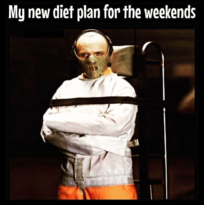 Man in straitjacket and mask with text about dieting frustrations, highlighting humor in weight loss struggles.